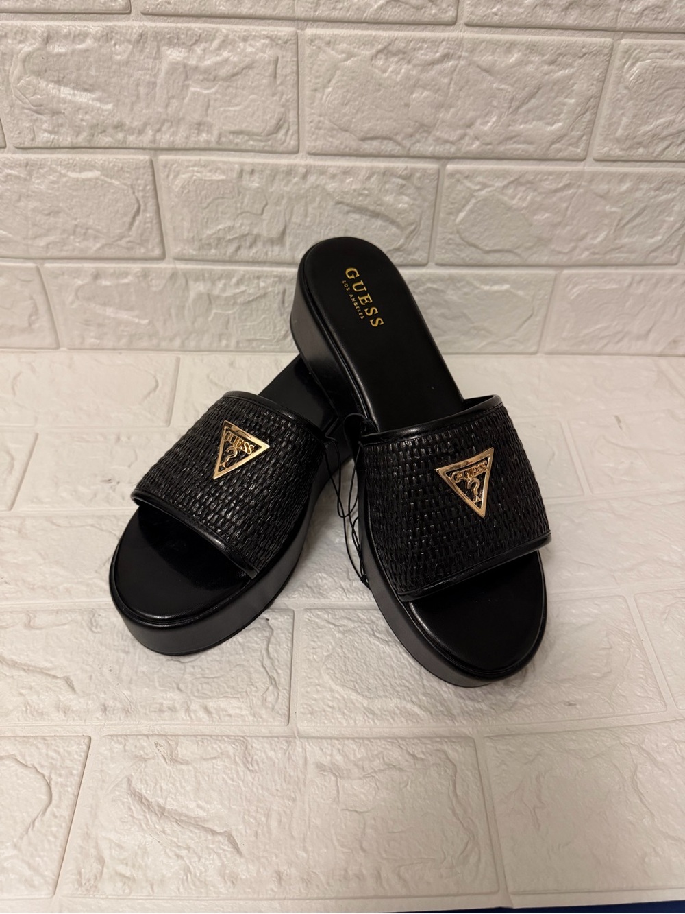 GUESS Black Woven Slide Mules with Gold Triangle Logo